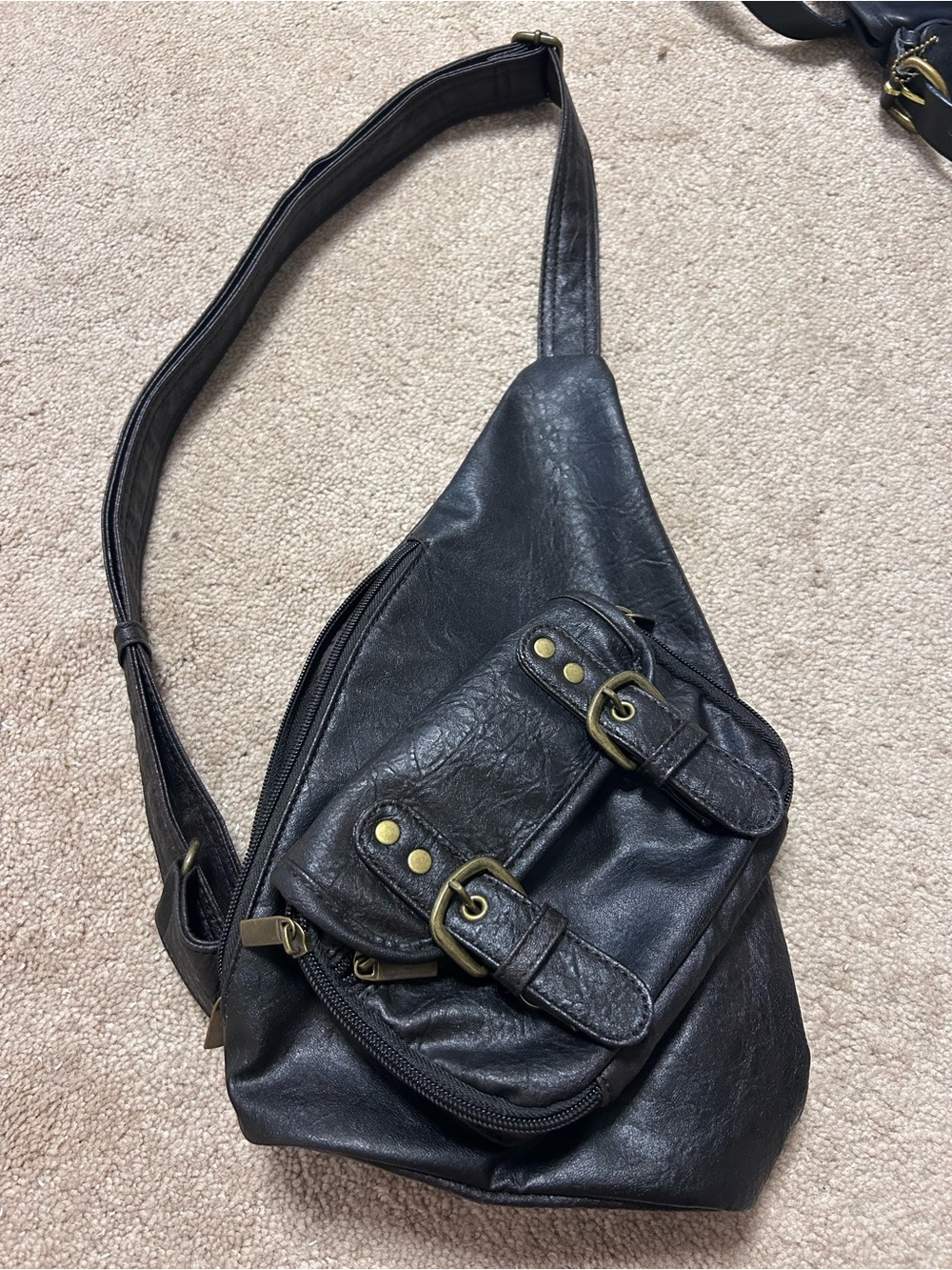 Black Leather Crossbody Sling Bag with Buckle Pocket